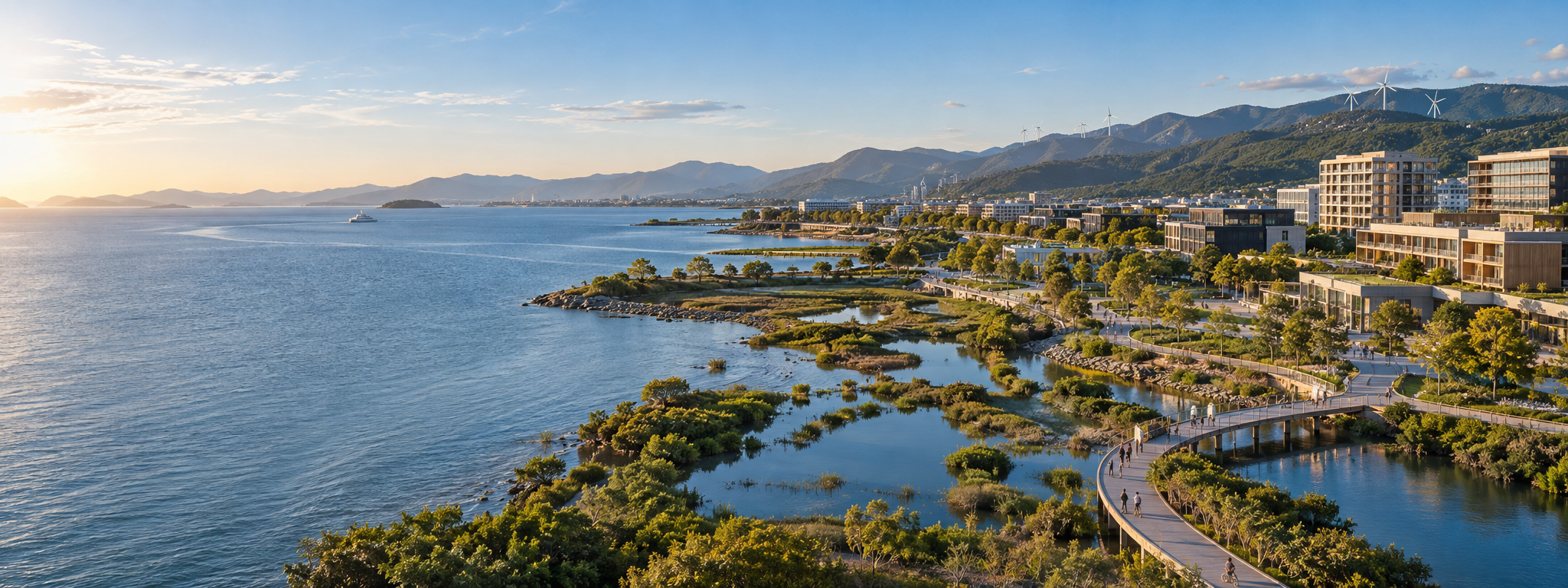 Resilient coastal community with restored wetlands and renewable energy